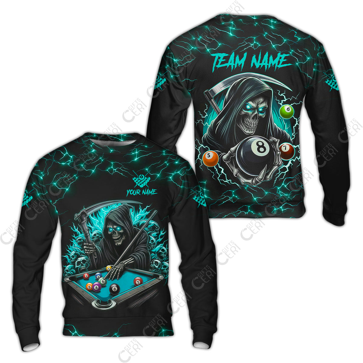 Customized Billiards Sweatshirt, Personalized Billiard Death Skeleton 8 Ball Jersey Gift For Billiard Players