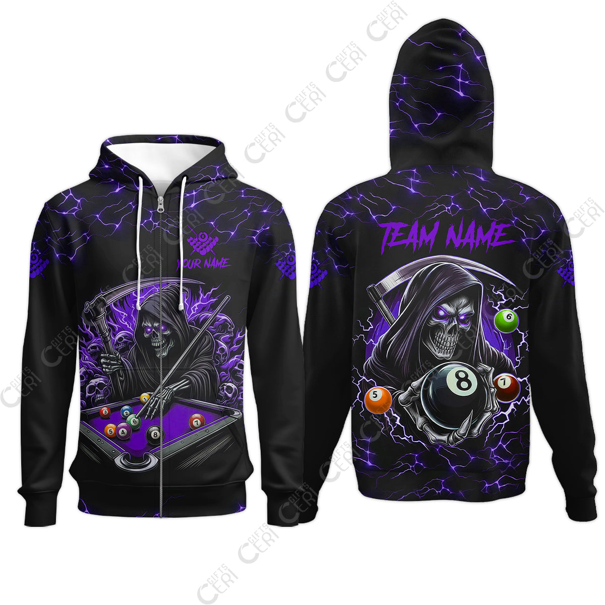 Customized Billiards Zip Hoodies, Personalized Billiard Death Skeleton 8 Ball Jersey Gift For Billiard Players
