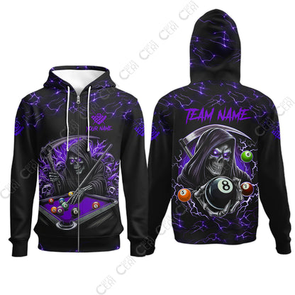 Customized Billiards Zip Hoodies, Personalized Billiard Death Skeleton 8 Ball Jersey Gift For Billiard Players