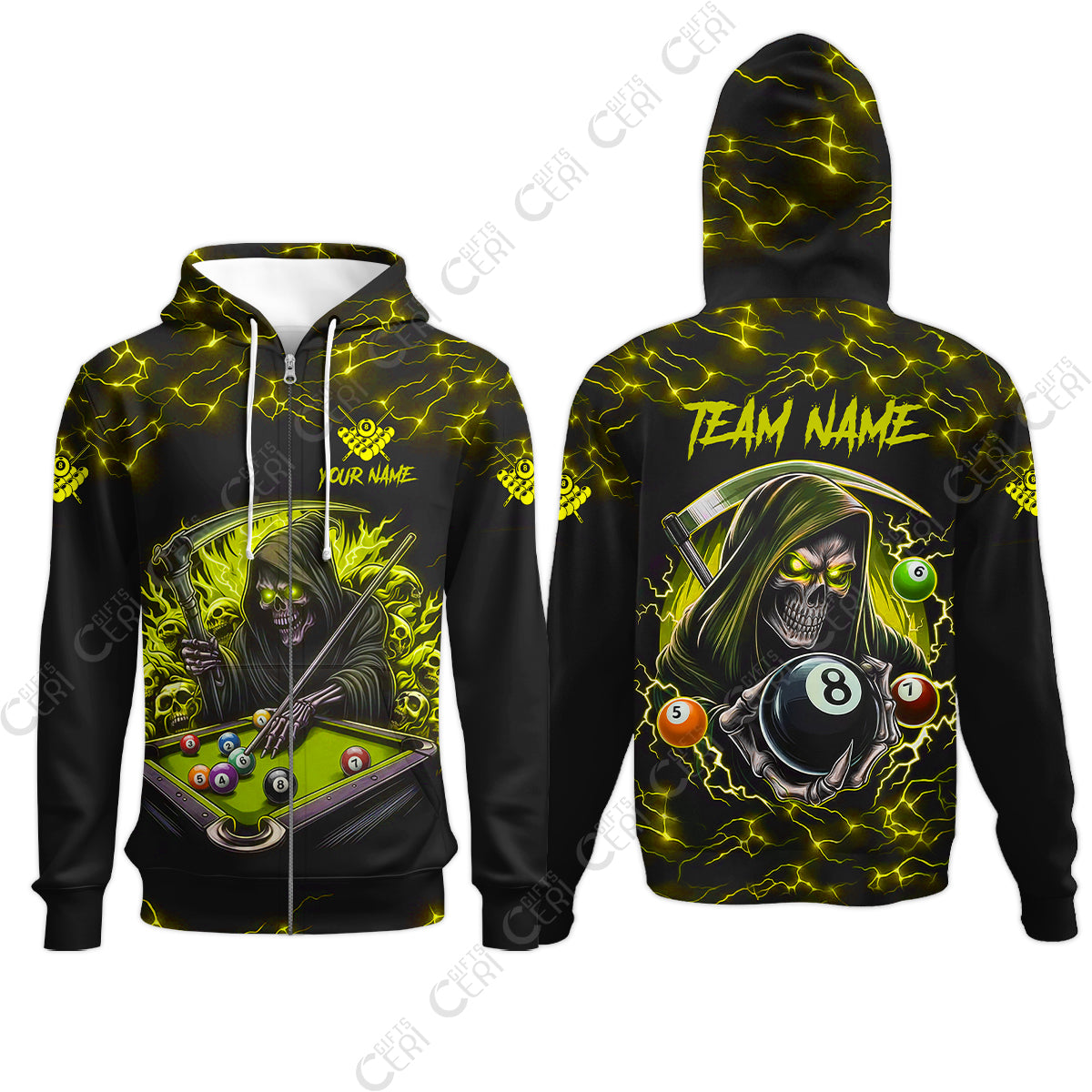 Customized Billiards Zip Hoodies, Personalized Billiard Death Skeleton 8 Ball Jersey Gift For Billiard Players
