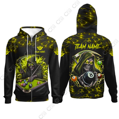 Customized Billiards Zip Hoodies, Personalized Billiard Death Skeleton 8 Ball Jersey Gift For Billiard Players