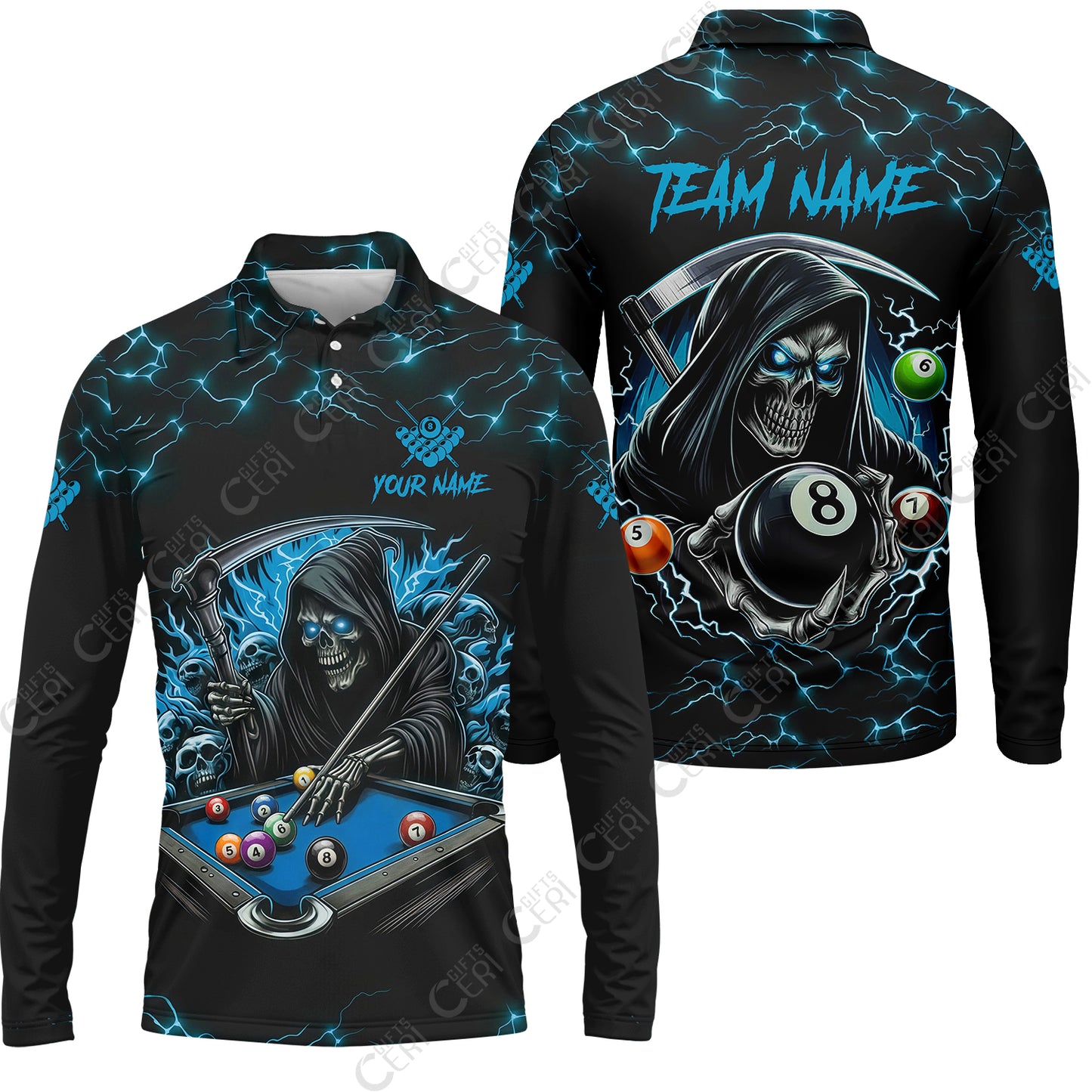 Customized Billiards Long Sleeve Polo Shirt, Personalized Billiard Death Skeleton 8 Ball Jersey Gift For Billiard Players
