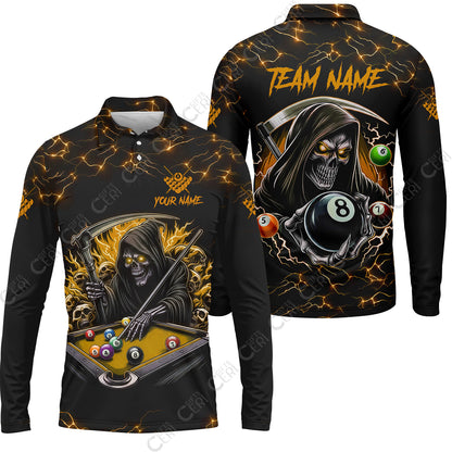 Customized Billiards Long Sleeve Polo Shirt, Personalized Billiard Death Skeleton 8 Ball Jersey Gift For Billiard Players