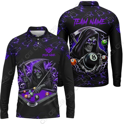 Customized Billiards Long Sleeve Polo Shirt, Personalized Billiard Death Skeleton 8 Ball Jersey Gift For Billiard Players