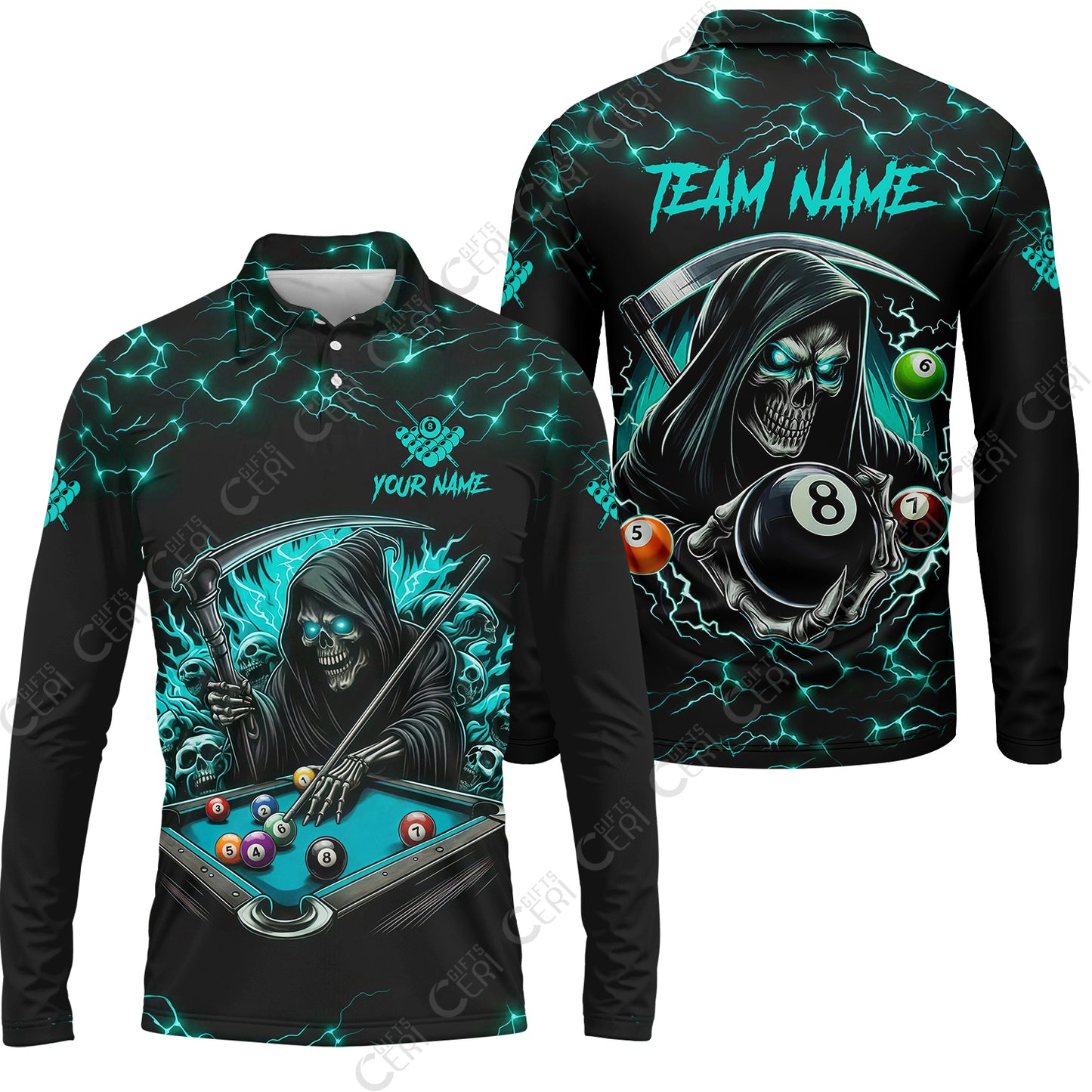 Customized Billiards Long Sleeve Polo Shirt, Personalized Billiard Death Skeleton 8 Ball Jersey Gift For Billiard Players