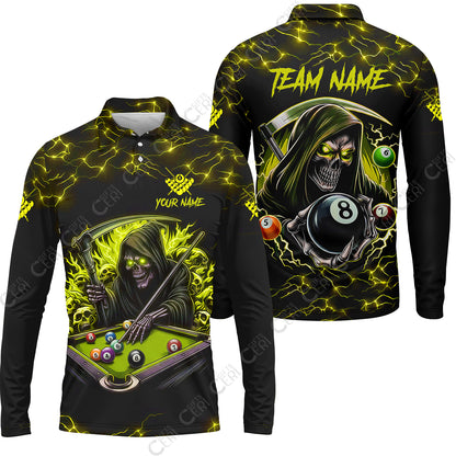 Customized Billiards Long Sleeve Polo Shirt, Personalized Billiard Death Skeleton 8 Ball Jersey Gift For Billiard Players