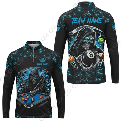 Customized Billiards Stand Collar Quarter-Zip Long Sleeve Jersey, Personalized Billiard Death Skeleton 8 Ball Jersey