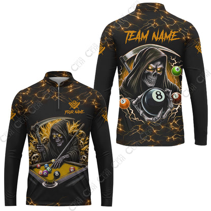 Customized Billiards Stand Collar Quarter-Zip Long Sleeve Jersey, Personalized Billiard Death Skeleton 8 Ball Jersey