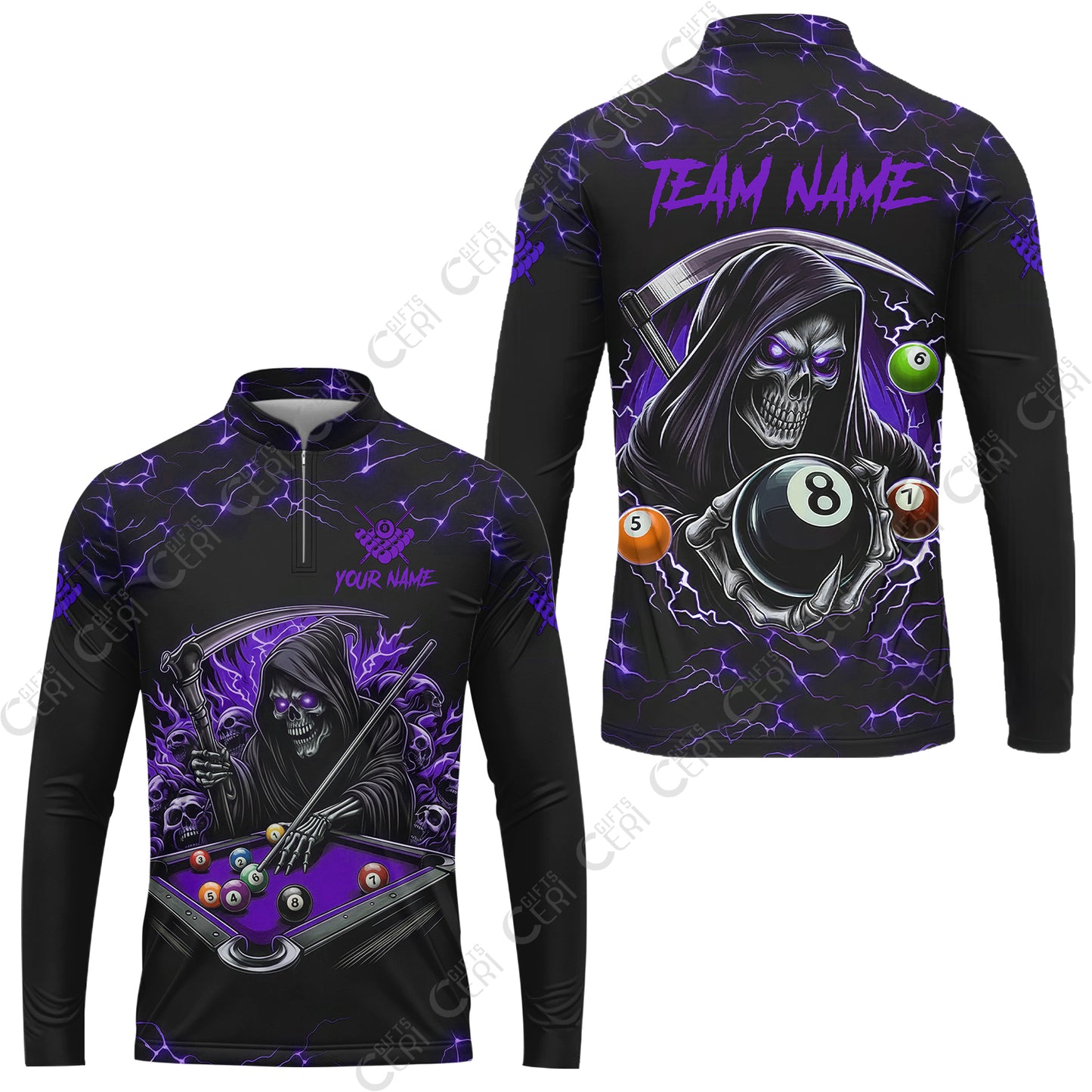 Customized Billiards Stand Collar Quarter-Zip Long Sleeve Jersey, Personalized Billiard Death Skeleton 8 Ball Jersey