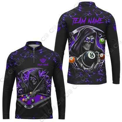 Customized Billiards Stand Collar Quarter-Zip Long Sleeve Jersey, Personalized Billiard Death Skeleton 8 Ball Jersey
