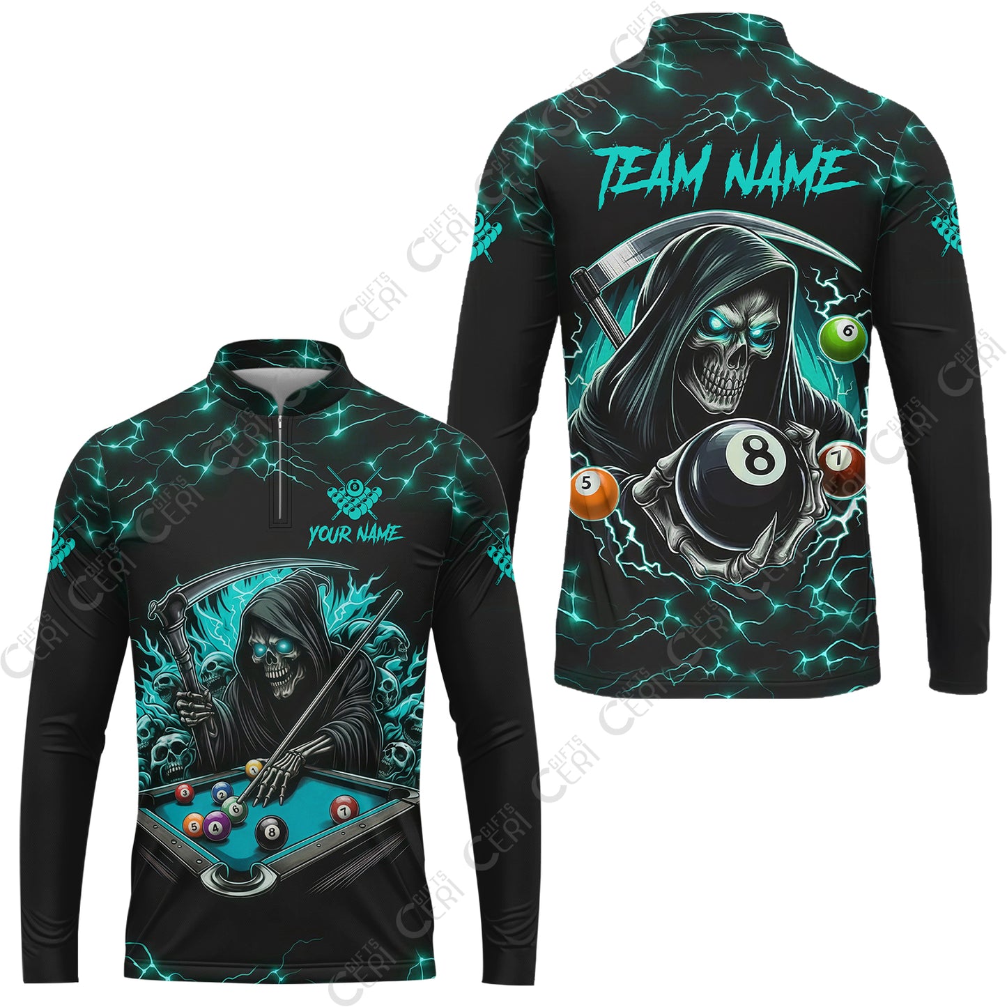 Customized Billiards Stand Collar Quarter-Zip Long Sleeve Jersey, Personalized Billiard Death Skeleton 8 Ball Jersey