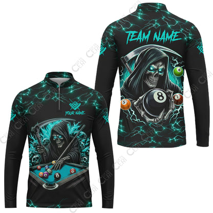 Customized Billiards Stand Collar Quarter-Zip Long Sleeve Jersey, Personalized Billiard Death Skeleton 8 Ball Jersey