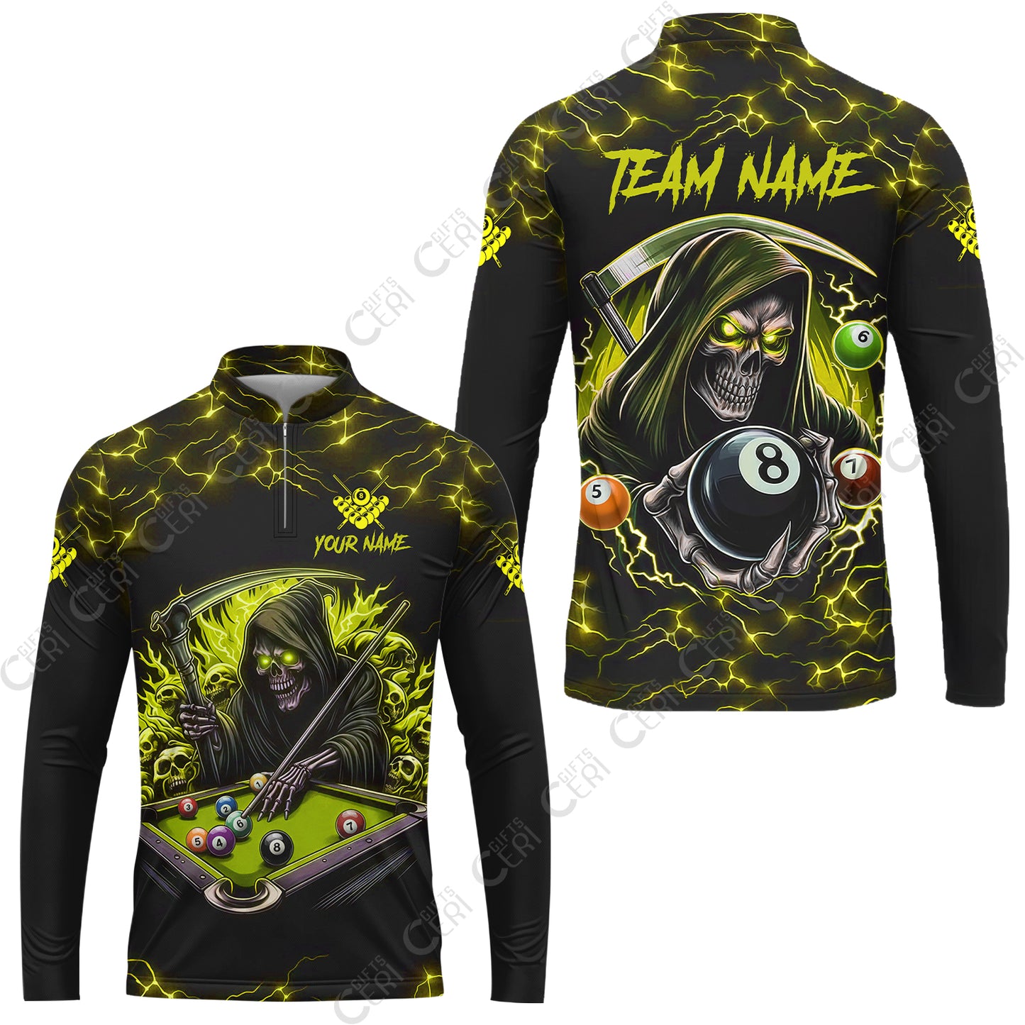 Customized Billiards Stand Collar Quarter-Zip Long Sleeve Jersey, Personalized Billiard Death Skeleton 8 Ball Jersey