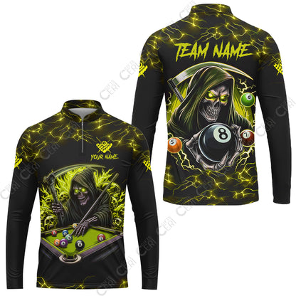 Customized Billiards Stand Collar Quarter-Zip Long Sleeve Jersey, Personalized Billiard Death Skeleton 8 Ball Jersey
