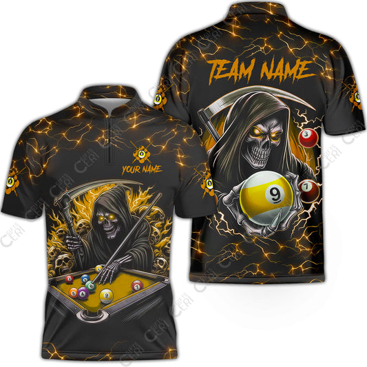 Customized Billiards Stand Collar Quarter-Zip Short Sleeve Jersey, Personalized Billiard Death Skeleton 9 Ball Jersey