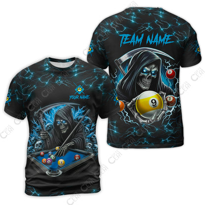 Customized Billiards T-Shirt, Personalized Billiard Death Skeleton 9 Ball Jersey Gift For Billiard Players