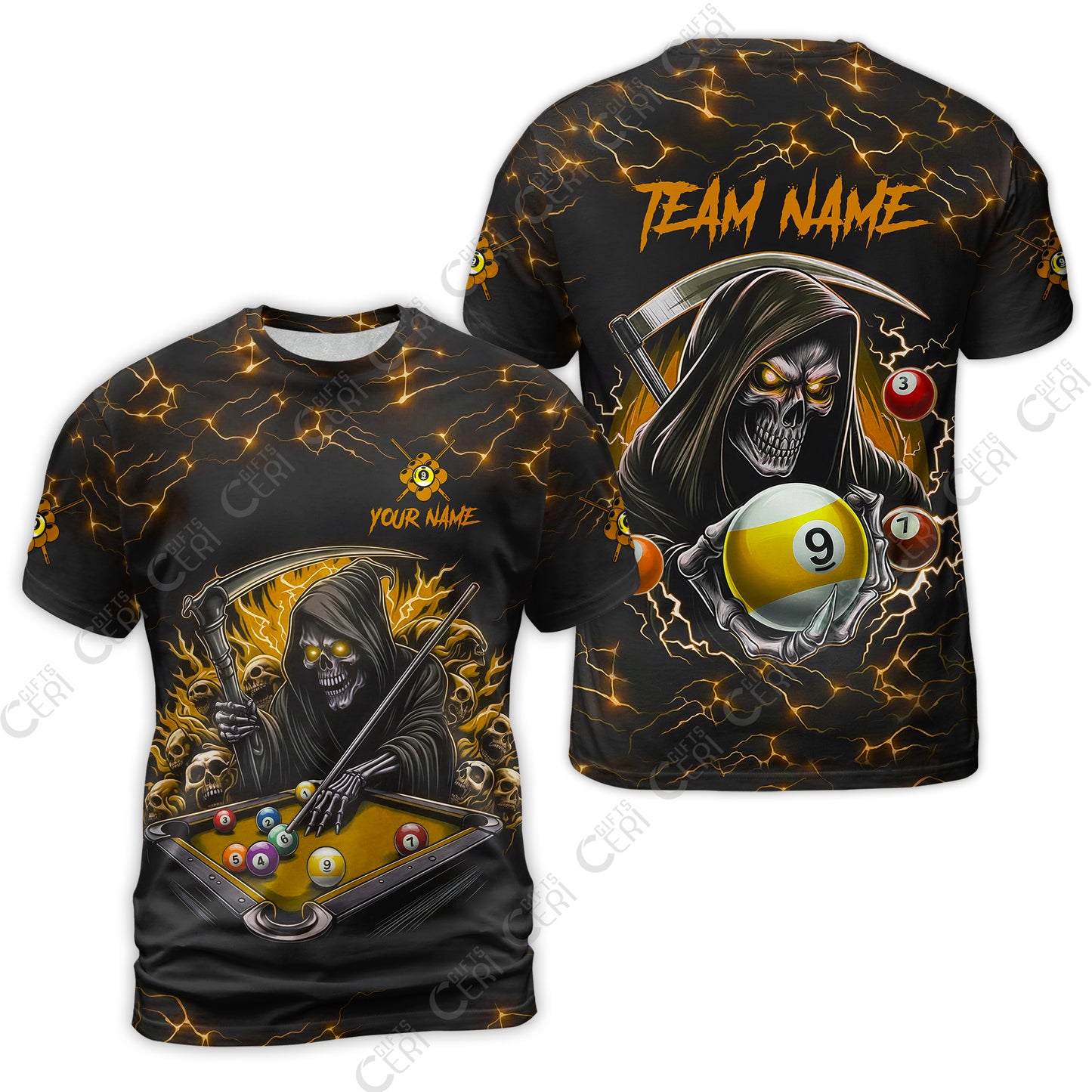 Customized Billiards T-Shirt, Personalized Billiard Death Skeleton 9 Ball Jersey Gift For Billiard Players