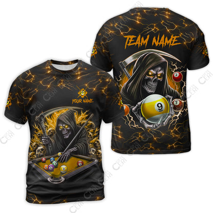 Customized Billiards T-Shirt, Personalized Billiard Death Skeleton 9 Ball Jersey Gift For Billiard Players