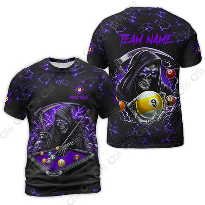 Customized Billiards T-Shirt, Personalized Billiard Death Skeleton 9 Ball Jersey Gift For Billiard Players