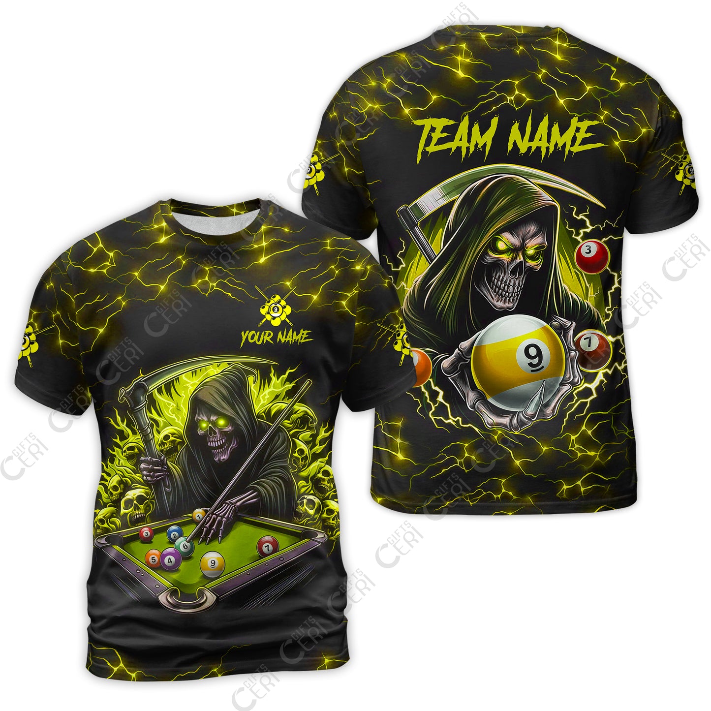 Customized Billiards T-Shirt, Personalized Billiard Death Skeleton 9 Ball Jersey Gift For Billiard Players