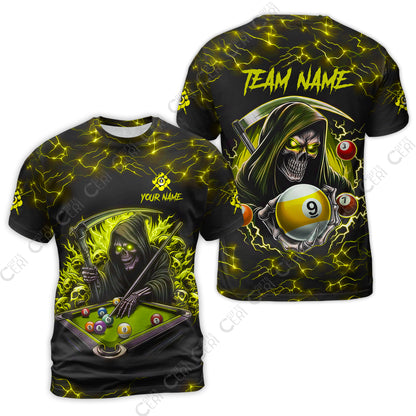 Customized Billiards T-Shirt, Personalized Billiard Death Skeleton 9 Ball Jersey Gift For Billiard Players