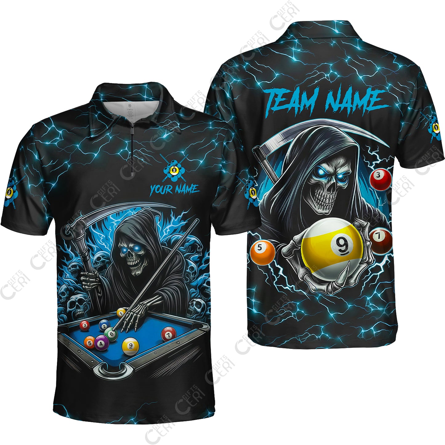 Customized Billiards Quarter-Zip Polo Shirt, Personalized Billiard Death Skeleton 9 Ball Jersey Gift For Billiard Players