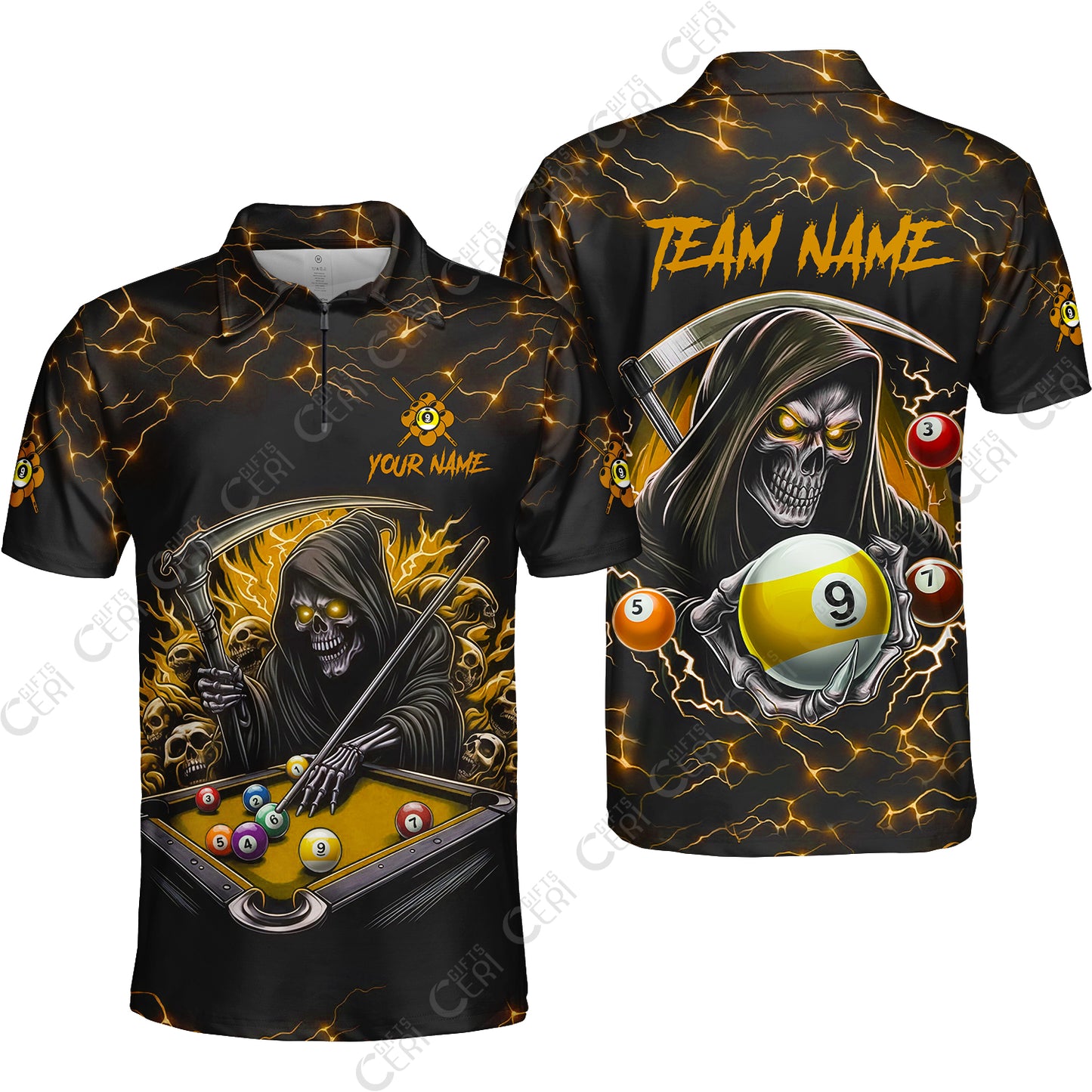 Customized Billiards Quarter-Zip Polo Shirt, Personalized Billiard Death Skeleton 9 Ball Jersey Gift For Billiard Players