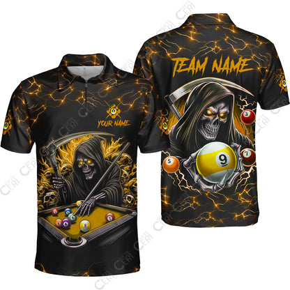 Customized Billiards Quarter-Zip Polo Shirt, Personalized Billiard Death Skeleton 9 Ball Jersey Gift For Billiard Players