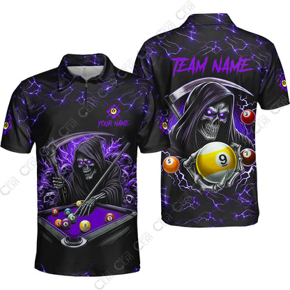 Customized Billiards Quarter-Zip Polo Shirt, Personalized Billiard Death Skeleton 9 Ball Jersey Gift For Billiard Players