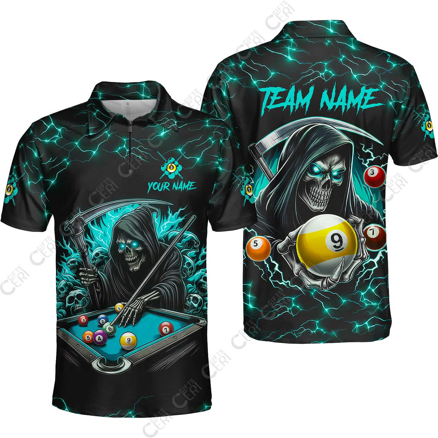 Customized Billiards Quarter-Zip Polo Shirt, Personalized Billiard Death Skeleton 9 Ball Jersey Gift For Billiard Players