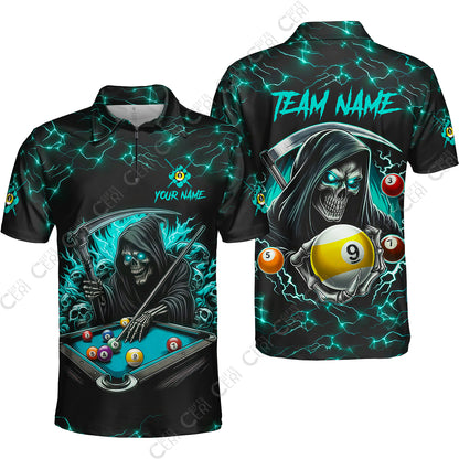 Customized Billiards Quarter-Zip Polo Shirt, Personalized Billiard Death Skeleton 9 Ball Jersey Gift For Billiard Players
