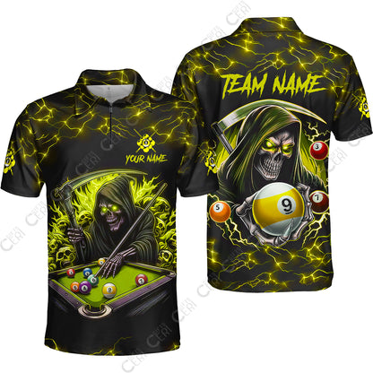 Customized Billiards Quarter-Zip Polo Shirt, Personalized Billiard Death Skeleton 9 Ball Jersey Gift For Billiard Players