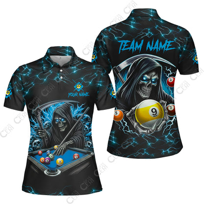 Customized Billiards Women Polo Shirt, Personalized Billiard Death Skeleton 9 Ball Jersey Gift For Billiard Players