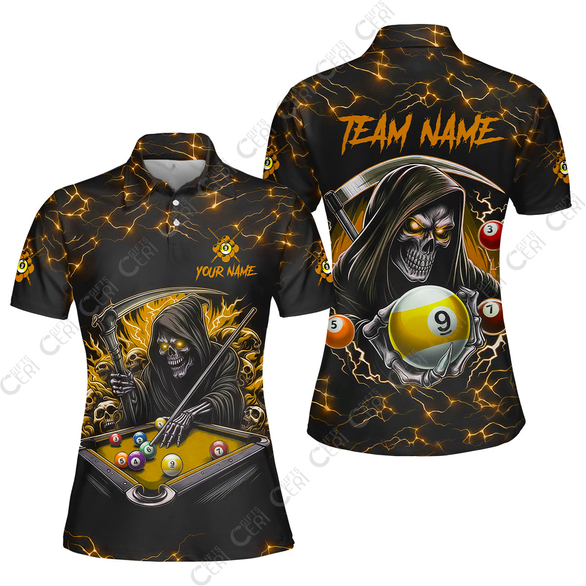 Customized Billiards Women Polo Shirt, Personalized Billiard Death Skeleton 9 Ball Jersey Gift For Billiard Players