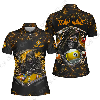 Customized Billiards Women Polo Shirt, Personalized Billiard Death Skeleton 9 Ball Jersey Gift For Billiard Players