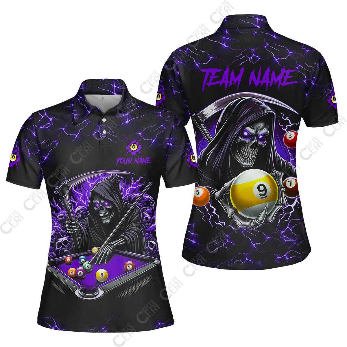 Customized Billiards Women Polo Shirt, Personalized Billiard Death Skeleton 9 Ball Jersey Gift For Billiard Players