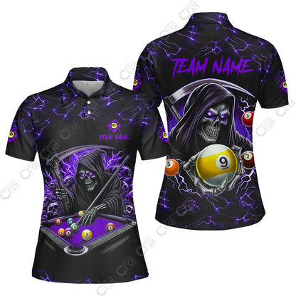 Customized Billiards Women Polo Shirt, Personalized Billiard Death Skeleton 9 Ball Jersey Gift For Billiard Players