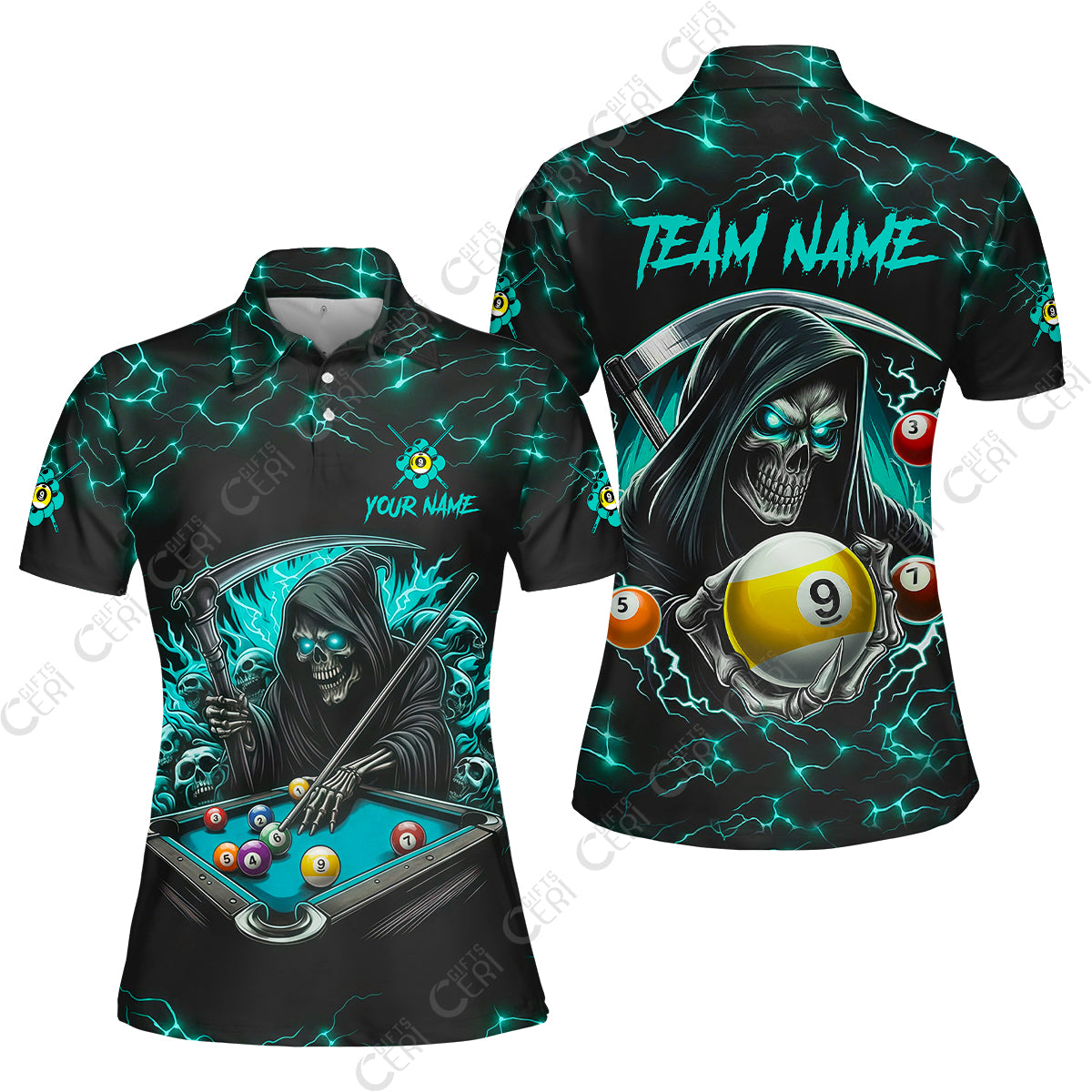 Customized Billiards Women Polo Shirt, Personalized Billiard Death Skeleton 9 Ball Jersey Gift For Billiard Players