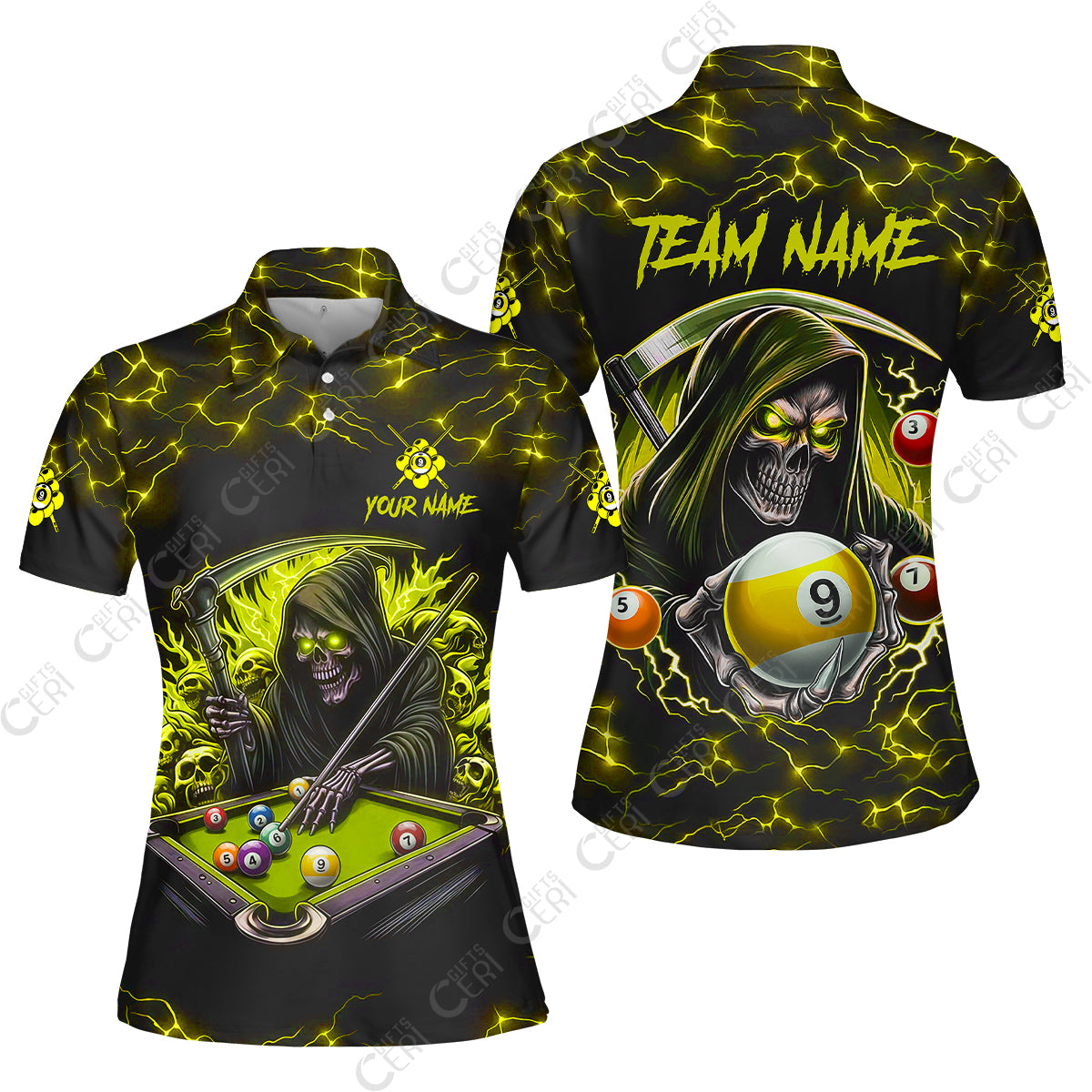 Customized Billiards Women Polo Shirt, Personalized Billiard Death Skeleton 9 Ball Jersey Gift For Billiard Players