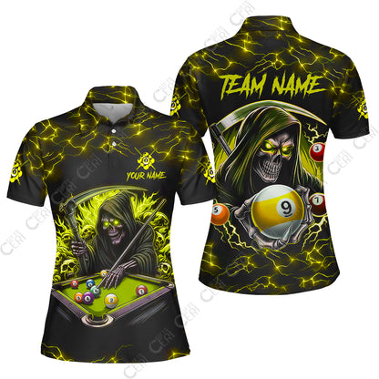 Customized Billiards Women Polo Shirt, Personalized Billiard Death Skeleton 9 Ball Jersey Gift For Billiard Players