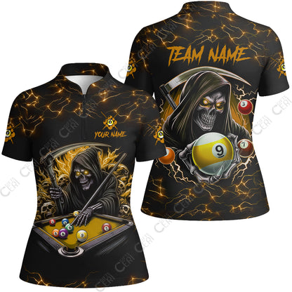 Customized Billiards Stand Collar Quarter Zip Short Sleeve Women's Shirt, Personalized Death Skeleton 9 Ball Jersey