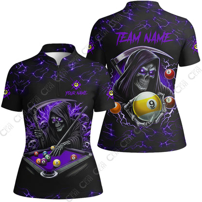 Customized Billiards Stand Collar Quarter Zip Short Sleeve Women's Shirt, Personalized Death Skeleton 9 Ball Jersey