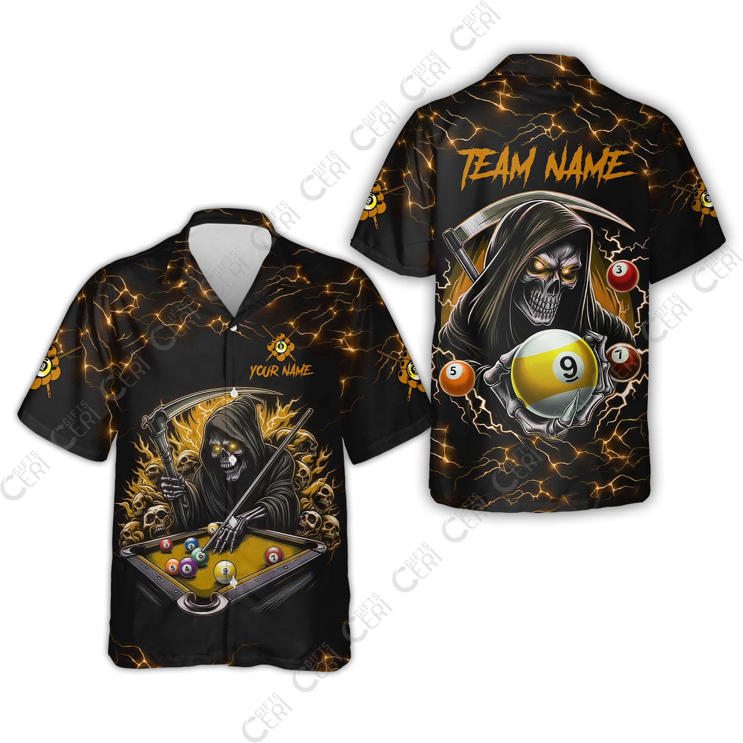 Customized Billiards Hawaiian Shirt, Personalized Billiard Death Skeleton 9 Ball Jersey Gift For Billiard Players