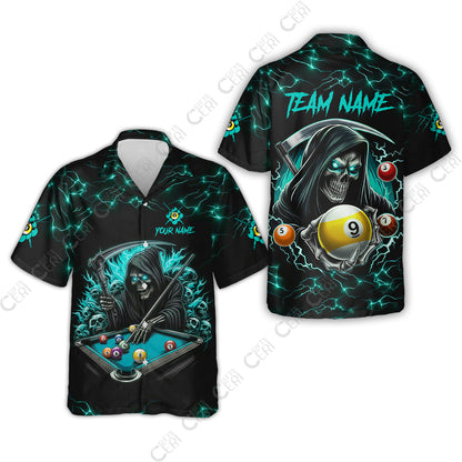Customized Billiards Hawaiian Shirt, Personalized Billiard Death Skeleton 9 Ball Jersey Gift For Billiard Players