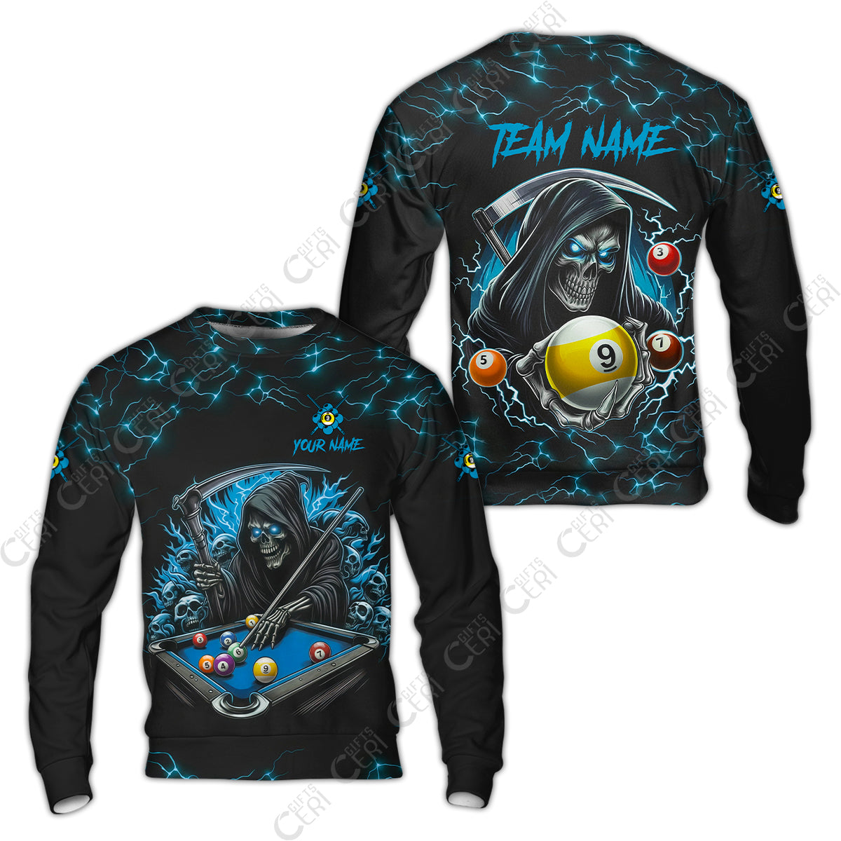 Customized Billiards Sweatshirt, Personalized Billiard Death Skeleton 9 Ball Jersey Gift For Billiard Players