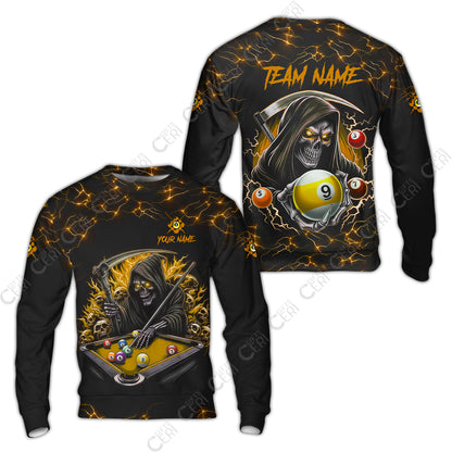 Customized Billiards Sweatshirt, Personalized Billiard Death Skeleton 9 Ball Jersey Gift For Billiard Players