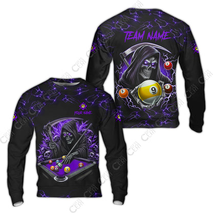 Customized Billiards Sweatshirt, Personalized Billiard Death Skeleton 9 Ball Jersey Gift For Billiard Players