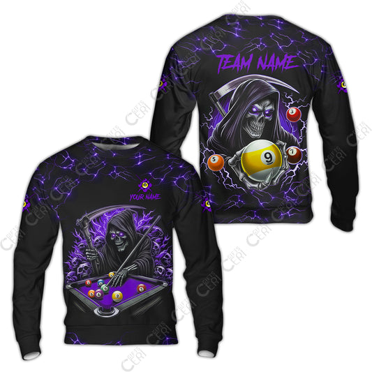 Customized Billiards Sweatshirt, Personalized Billiard Death Skeleton 9 Ball Jersey Gift For Billiard Players