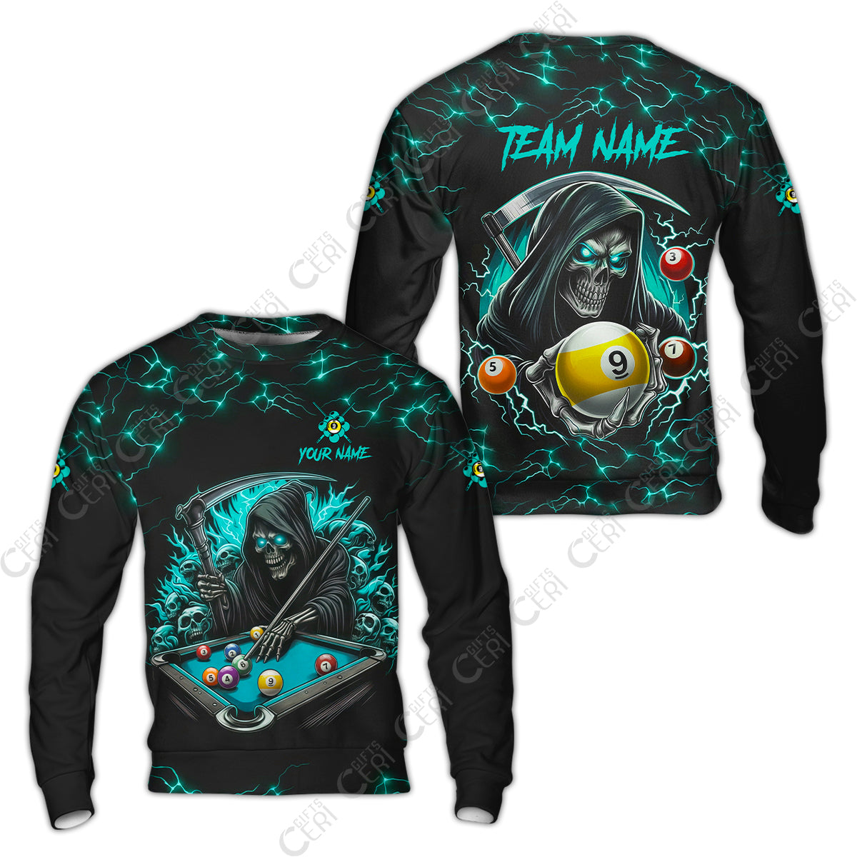 Customized Billiards Sweatshirt, Personalized Billiard Death Skeleton 9 Ball Jersey Gift For Billiard Players