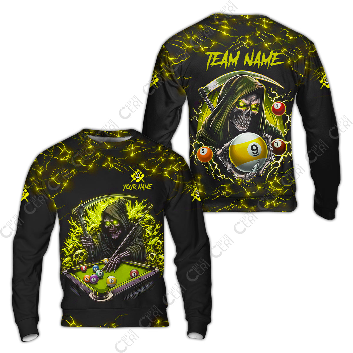 Customized Billiards Sweatshirt, Personalized Billiard Death Skeleton 9 Ball Jersey Gift For Billiard Players
